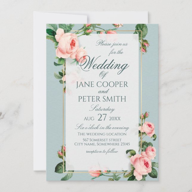 Pink roses floral Wedding Invitation (Front)