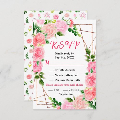 Pink Roses Floral Wedding Meal Choice RSVP Card