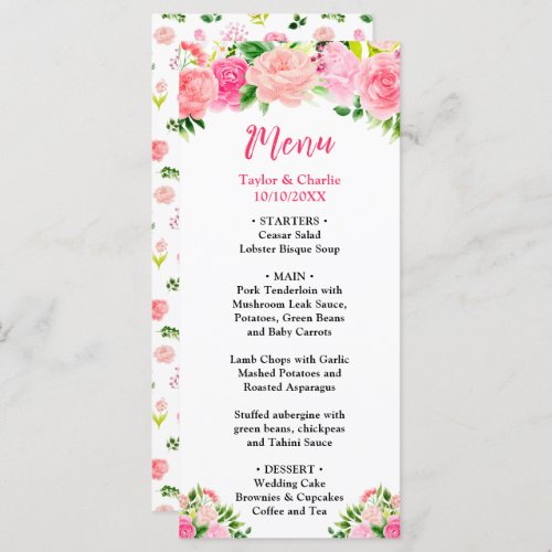 Pink Roses Floral Wedding Menu