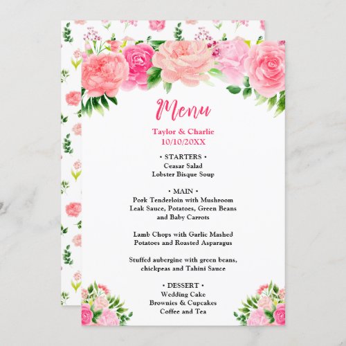 Pink Roses Floral Wedding Menu