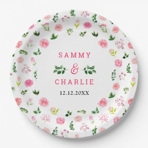Pink Roses Floral Wedding Paper Plates