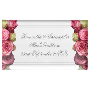 Pink roses floral wedding place card holder