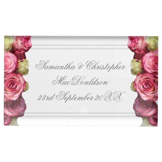 Pink roses floral wedding place card holder (Front)