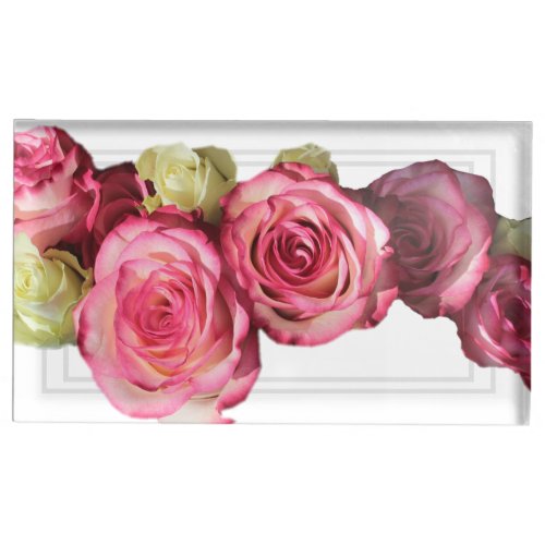Pink roses floral wedding place card holder