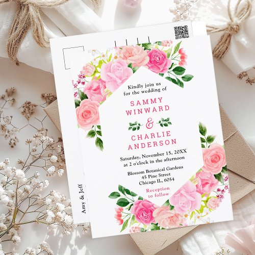 Pink Roses Floral Wedding Postcard