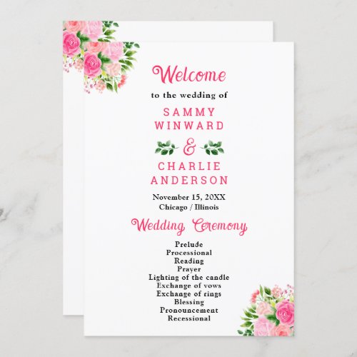 Pink Roses Floral Wedding Program