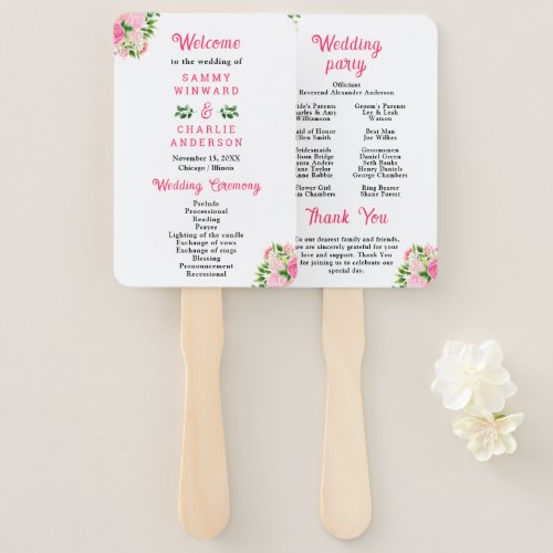 Pink Roses Floral Wedding Program Hand Fan