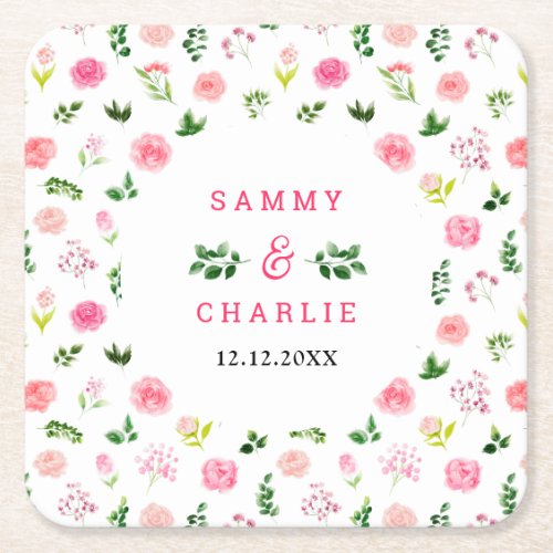 Pink Roses Floral Wedding Square Paper Coaster