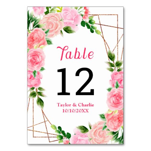 Pink Roses Floral Wedding Table Number