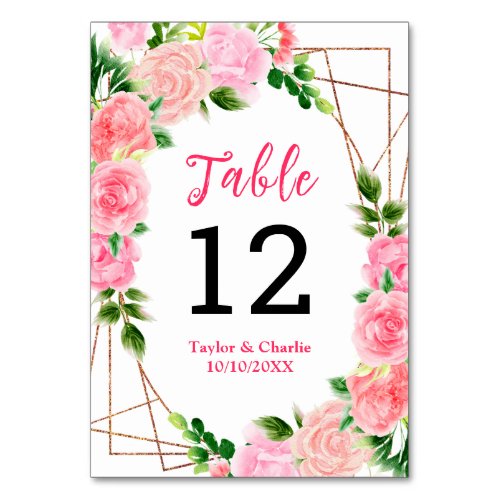 Pink Roses Floral Wedding Table Number