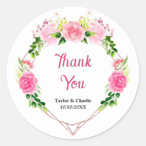 Pink Roses Floral Wedding Thank You Classic Round Sticker
