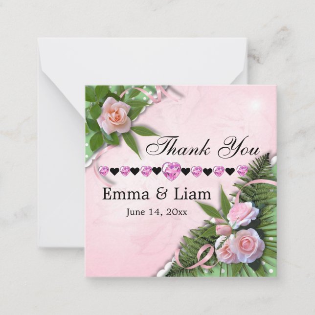 Pink Roses Floral Wedding Thank You Flat Note Card (Front)