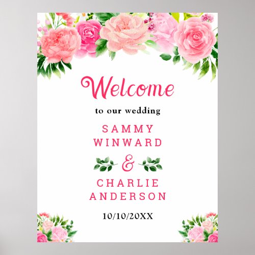 Pink Roses Floral Wedding Welcome Sign