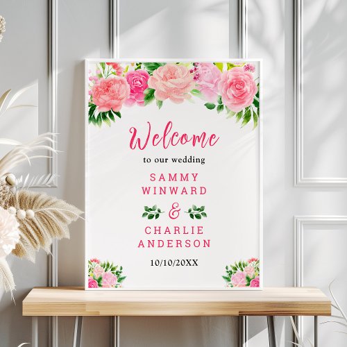 Pink Roses Floral Wedding Welcome Sign