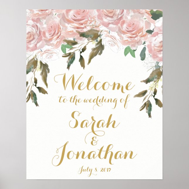 Pink roses floral wedding welcome sign white (Front)