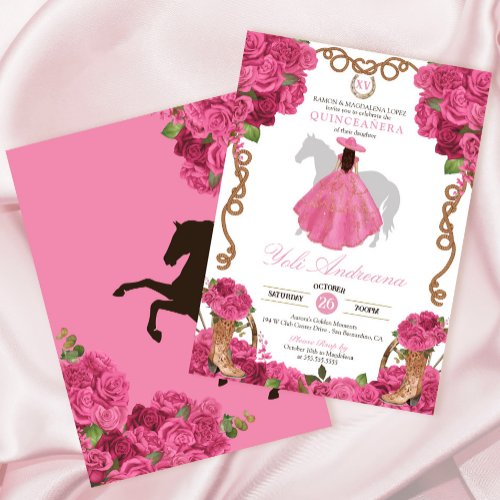 Pink Roses Floral Western Charro Quinceaera Invitation