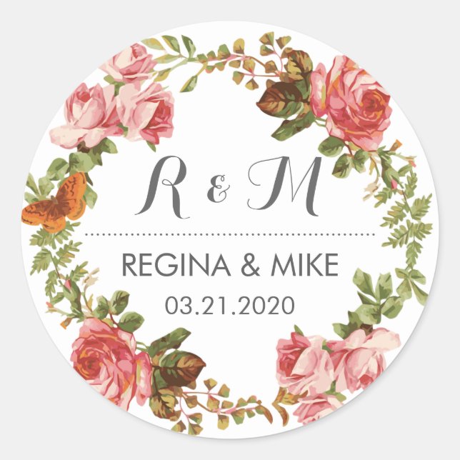 Pink Roses Floral Wreath Monogram Spring Wedding Classic Round Sticker (Front)