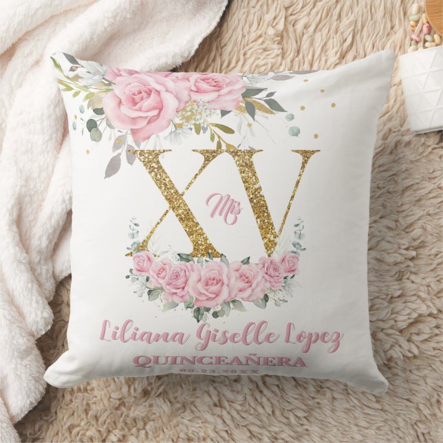 Pink Roses Floral XV QUINCEAÑERA Quince Keepsake Throw Pillow (Blanket)