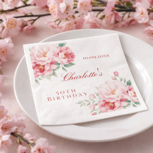 Pink roses florals elegant birthday napkins