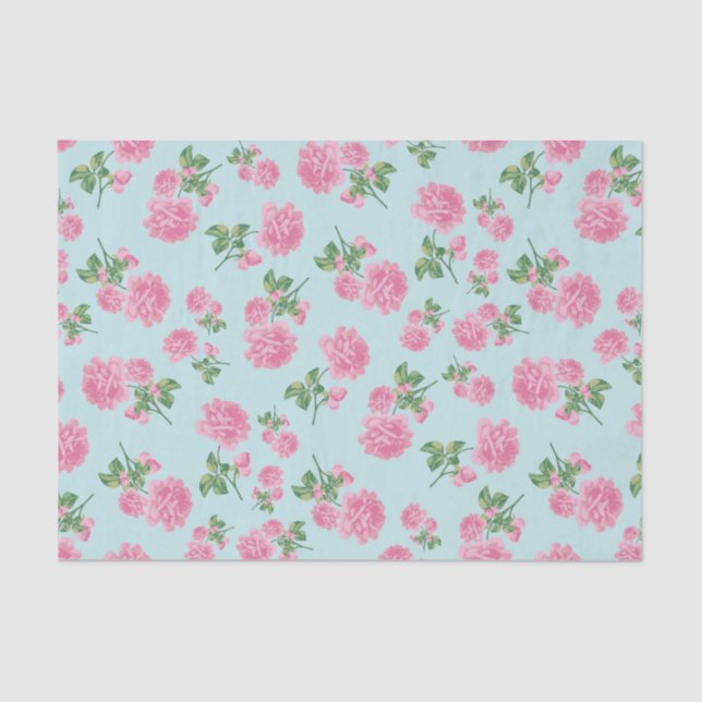 Pink Roses Flower pattern on Mint Tissue Paper (Front)