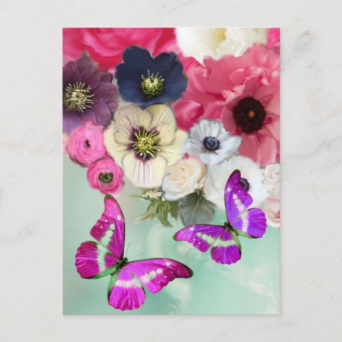 PINK ROSES FLOWERS AND BUTTERFLIES Floral Easter Postcard