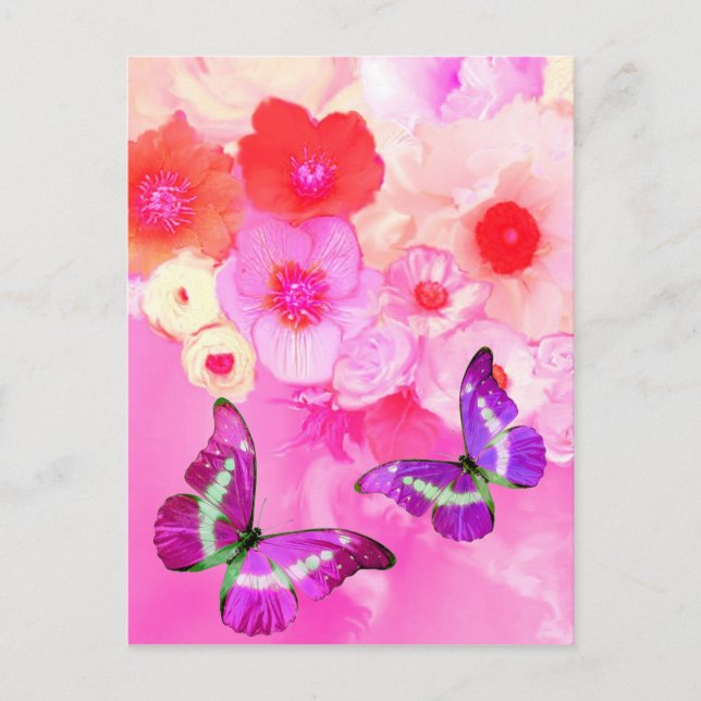 PINK ROSES, FLOWERS AND BUTTERFLIES ,Floral Easter Postcard (Front)