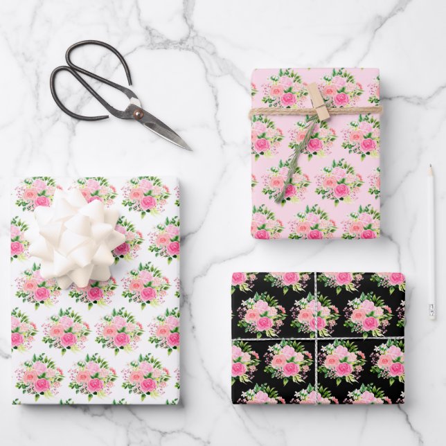 Pink Roses Flowers and Greenery Wrapping Paper Sheets (Front)