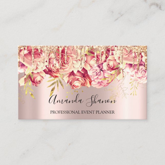 Pink Roses Flowers Brown  Drip QR CODE Logo  Business Card (Front)