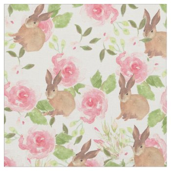 Pink Roses Flowers Brown Watercolor Bunny Rabbit Fabric by pink_water at Zazzle