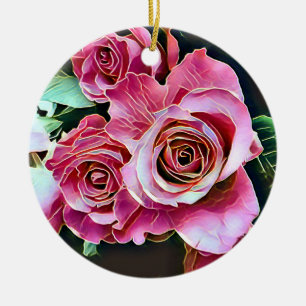 PINK ROSES FLOWERS CERAMIC ORNAMENT