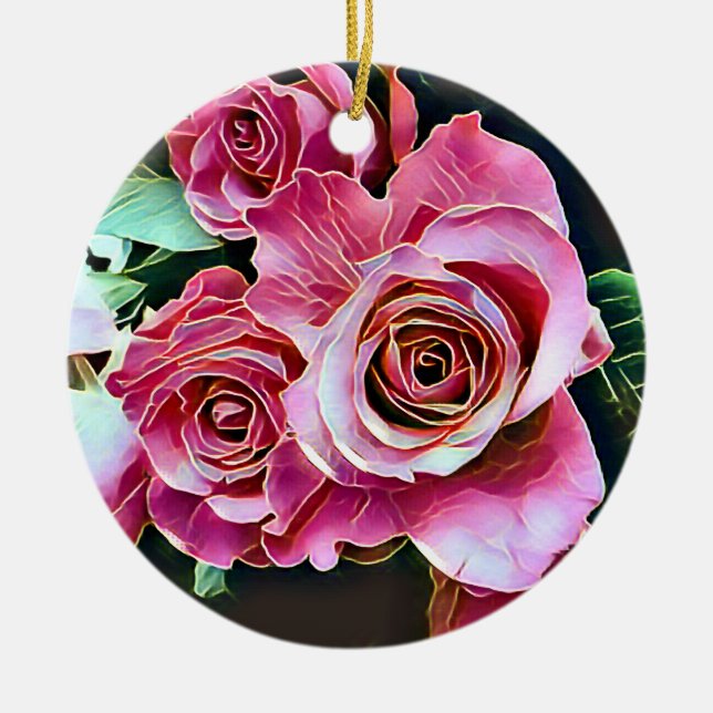 PINK ROSES FLOWERS CERAMIC ORNAMENT (Front)