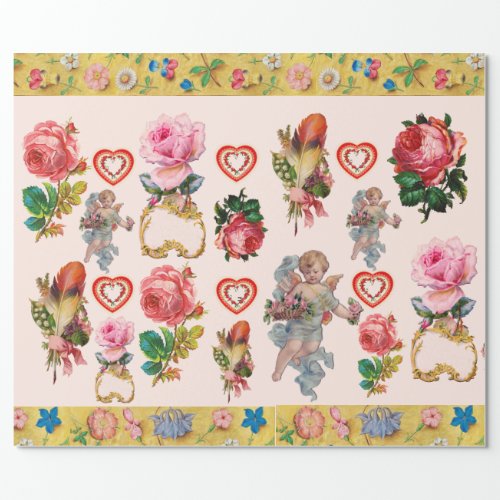 PINK ROSESFLOWERSFEATHERSANGELS AND HEARTS WRAPPING PAPER