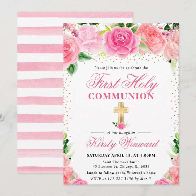 Pink Roses Flowers First Holy Communion Invitation (Front/Back)