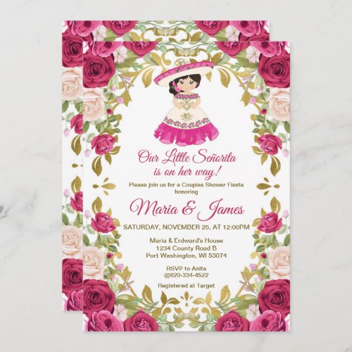 Pink roses Flowers Mexican Fiesta Couples shower  Invitation