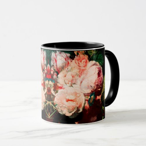 PINK ROSES FLOWERSMORNING GLORIES AND BUTTERFLY MUG