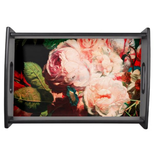 PINK ROSES FLOWERSMORNING GLORIES AND BUTTERFLY SERVING TRAY