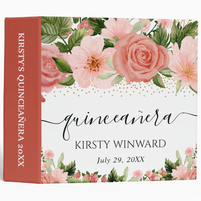 Pink Roses Flowers Quinceanera Photo Album 3 Ring Binder (Front/Spine)