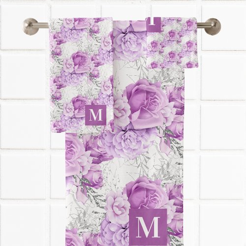 Pink roses flowers white monogram bath towel set