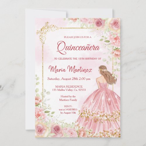 Pink Roses Flowers With Blush Pink Quinceanera  In Invitation