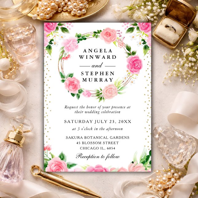 Pink Roses Flowers Wreath Wedding Invitation (Creator Uploaded)