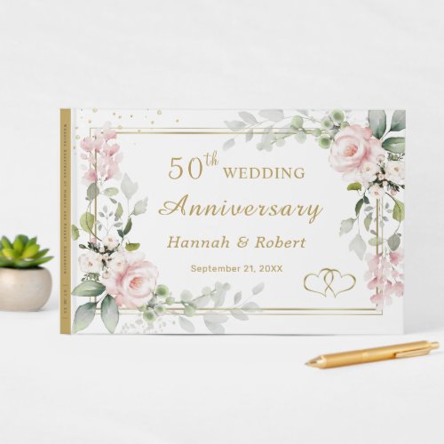 Pink Roses Foliage 50th Wedding Anniversary Guest Book