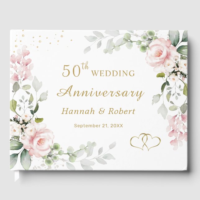 Pink Roses Foliage 50th Wedding Anniversary Guest Book (Front)