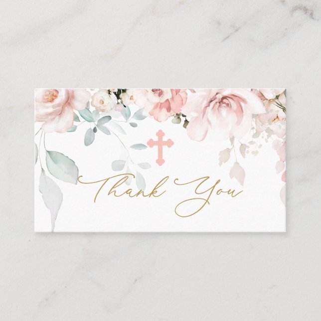 Pink Roses Foliage Baptism Thank You Business Card (Front)