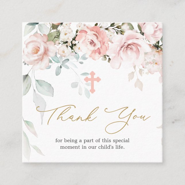 Pink Roses Foliage Baptism Thank You Business Card (Front)
