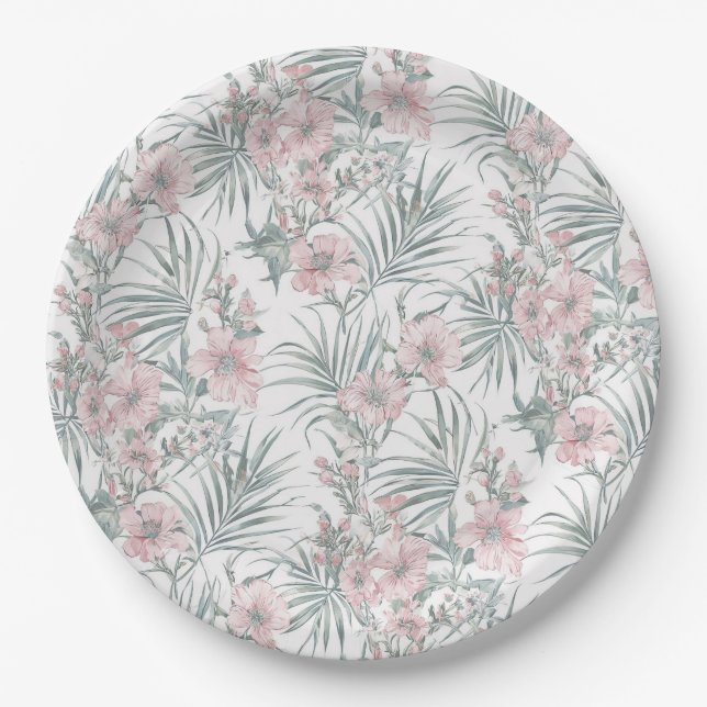 Pink Roses & Foliage Botanical Pattern on White Paper Plates (Front)