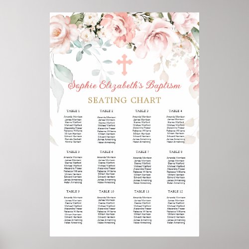 Pink Roses Foliage Cross Baptism Seating Chart