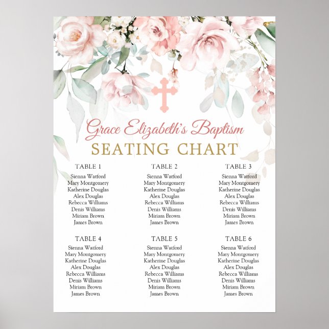 Pink Roses Foliage Cross Baptism Seating Chart (Front)