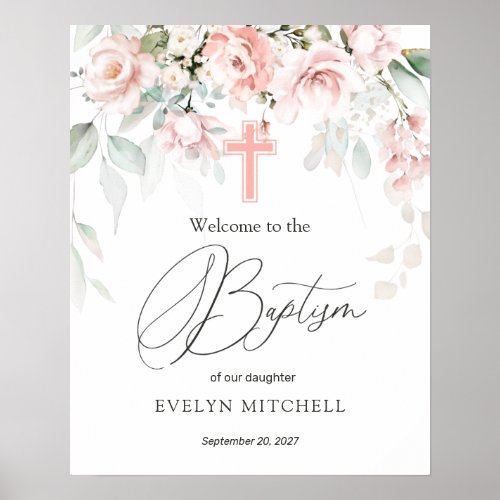 Pink Roses Foliage Cross Baptism Welcome Sign