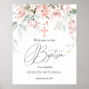 Pink Roses Foliage Cross Baptism Welcome Sign