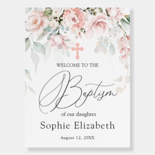 Pink Roses Foliage Cross Baptism Welcome Sign